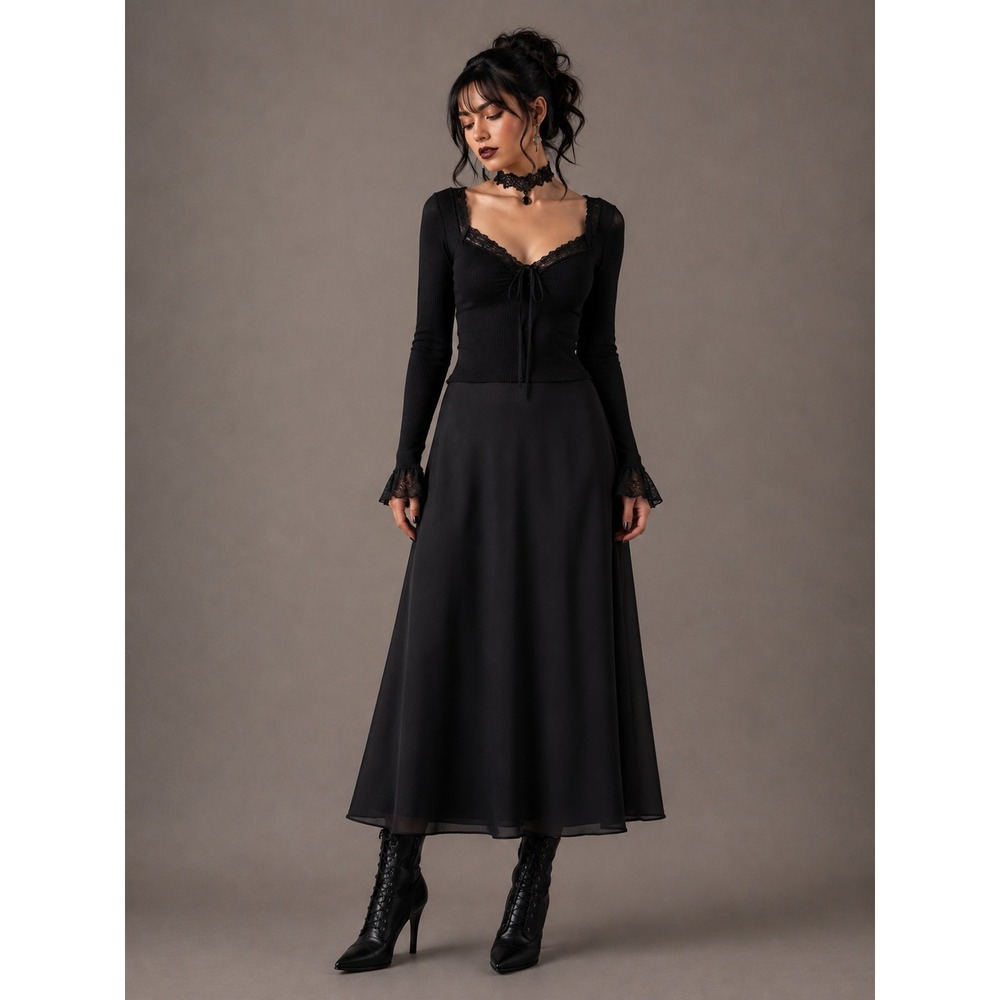 90s JBS Black Chiffon Midi Skirt Large Witchy Whimsigoth A-Line Vintage